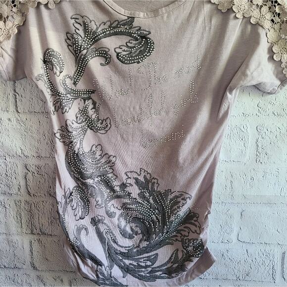 Bermini Beautiful Girls Bedazzled Lace Sleeve T-Shirt SZ XS - Picture 4 of 12